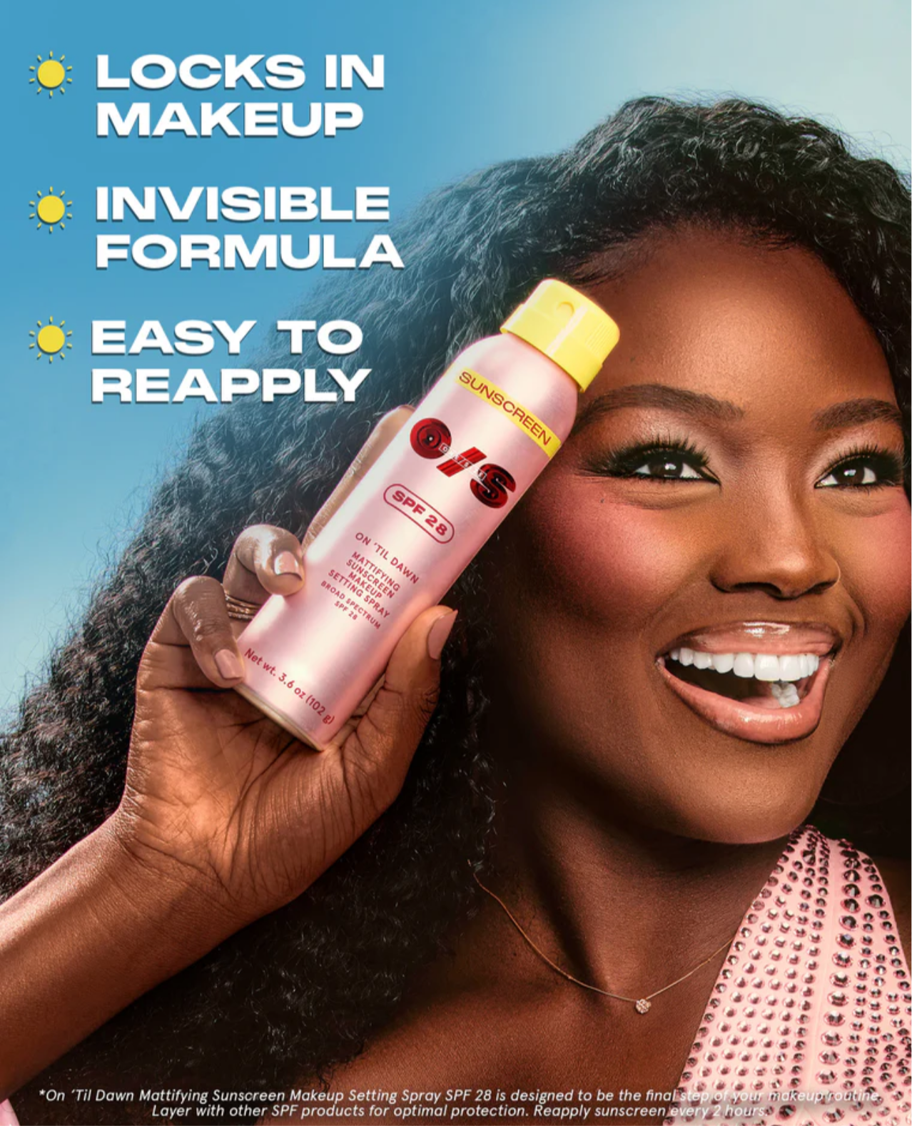 One Size- ON ‘TIL DAWN
MATTIFYING SUNSCREEN MAKEUP SETTING SPRAY SPF 28