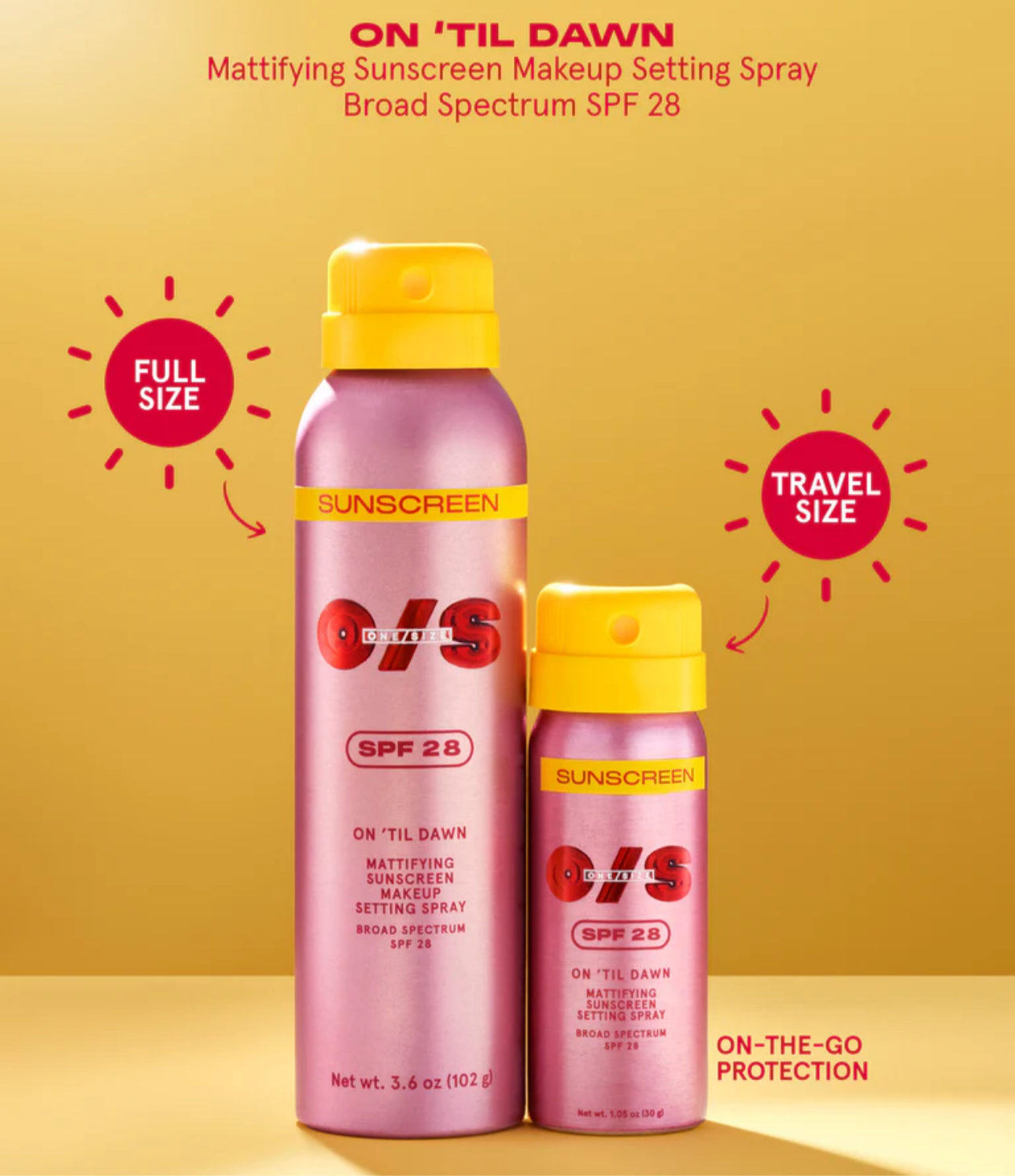 One Size- ON ‘TIL DAWN
MATTIFYING SUNSCREEN MAKEUP SETTING SPRAY SPF 28